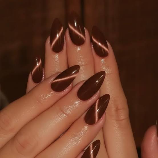 Deep Brown Rosy Cat Eye Almond Nails — Simple Brown Chrome Nails