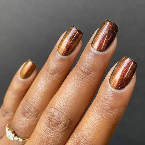 Sheer Pink Abstract Brown Chrome Nails — Simple Brown Chrome Nails