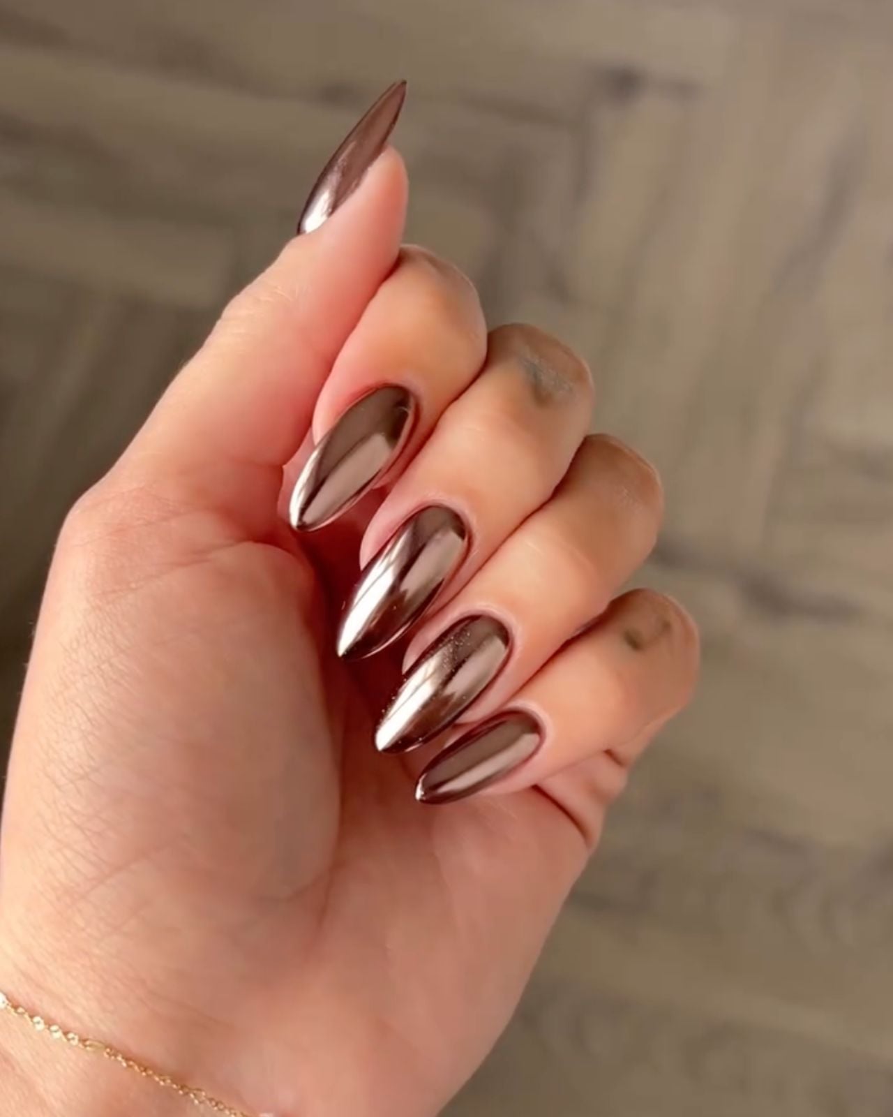 Dark Brown Chrome Sharp Almond Nails — Simple Brown Chrome Nails