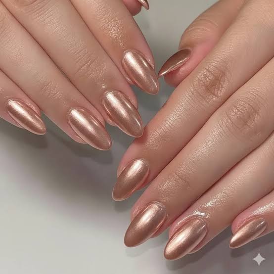 Rose Gold Chrome Short Almond Nails With Metallic Sheen — Simple Brown Chrome Nails