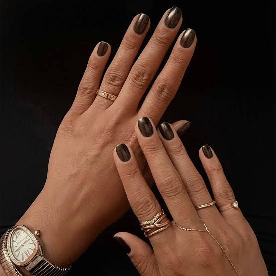 Dark Brown Chrome Short Square Nails — Simple Brown Chrome Nails