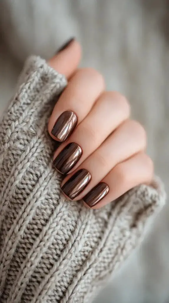 Deep Brown Chrome Short Square Nails With Full Coverage — Simple Brown Chrome Nails