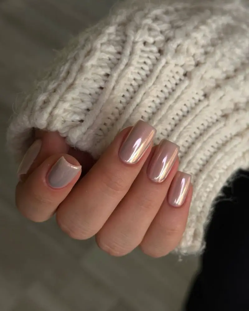 Beige Iridescent Chrome Medium Square Nails — Simple Brown Chrome Nails