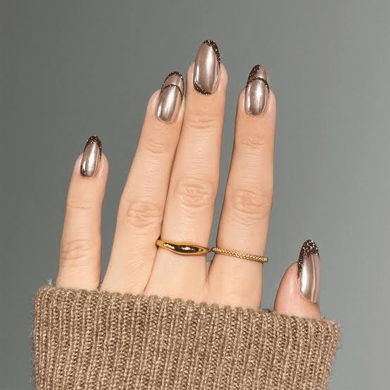 Light Brown Silver Chrome Oval Nails — Simple Brown Chrome Nails