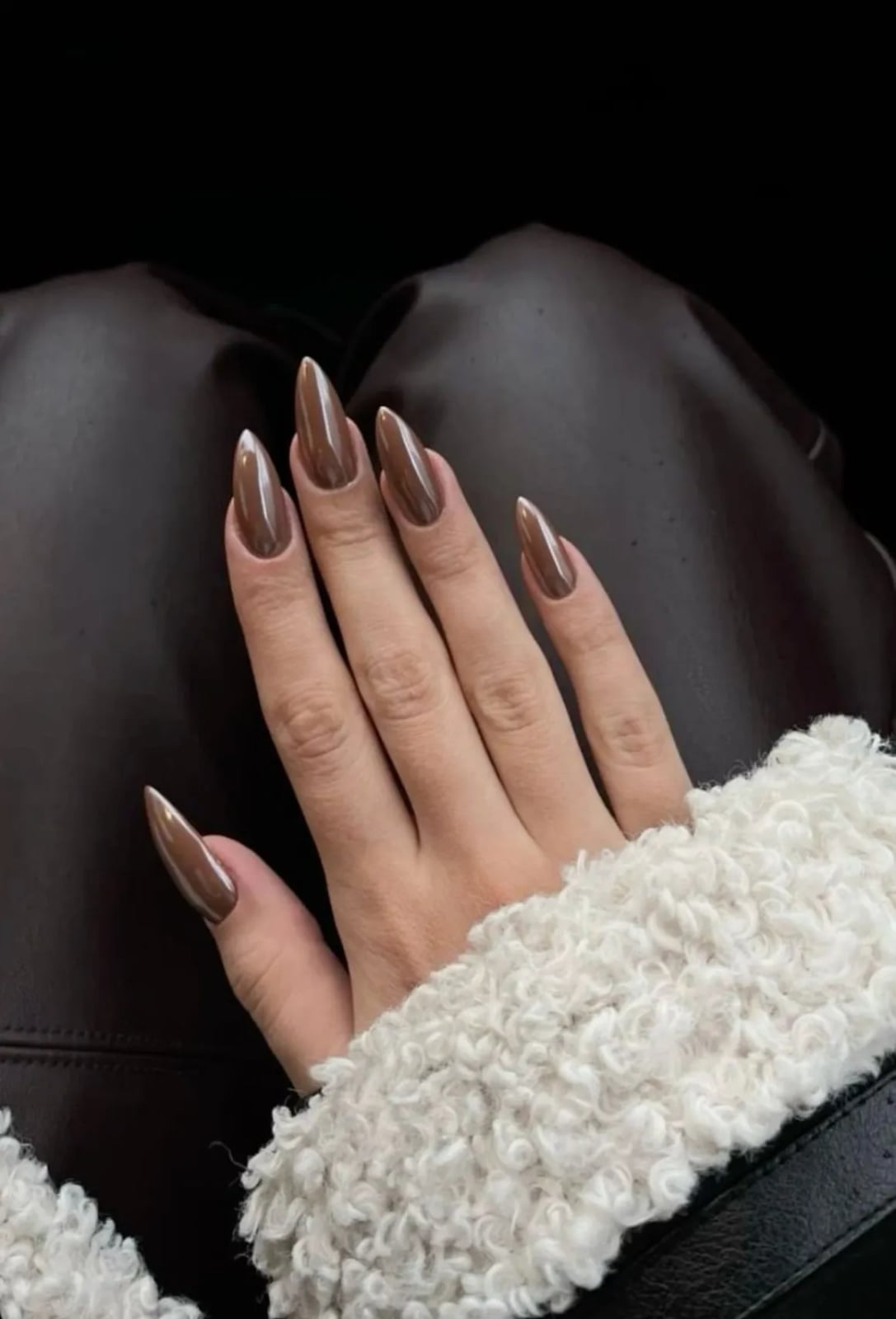 Rich Brown Chrome Long Almond Nails — Simple Brown Chrome Nails