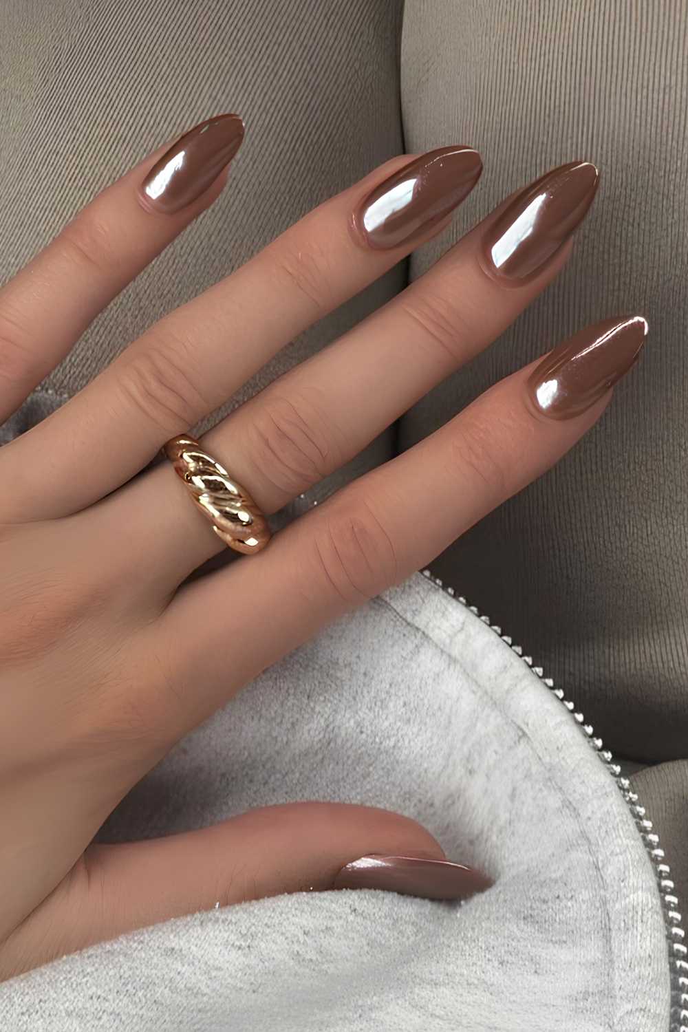 Deep Brown Chrome Long Almond Cuticle Clean — Simple Brown Chrome Nails
