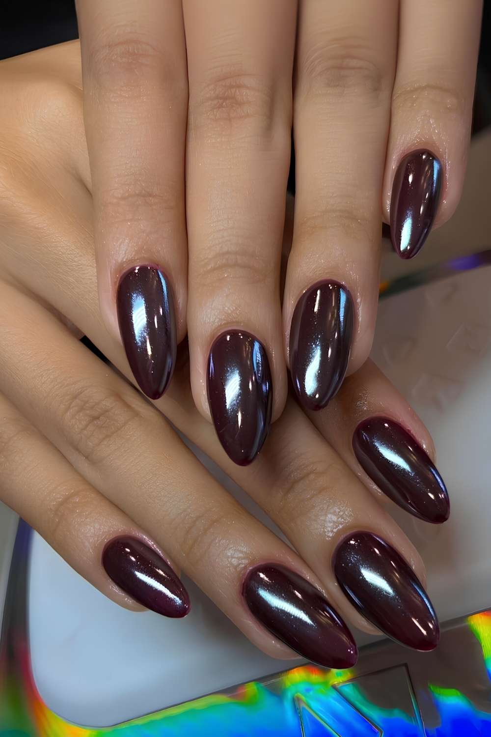 Deep Brown Chrome Medium Almond Nails — Simple Brown Chrome Nails
