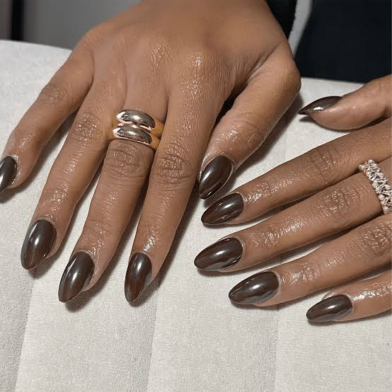 Rich Brown Chrome Medium Almond Nails — Simple Brown Chrome Nails