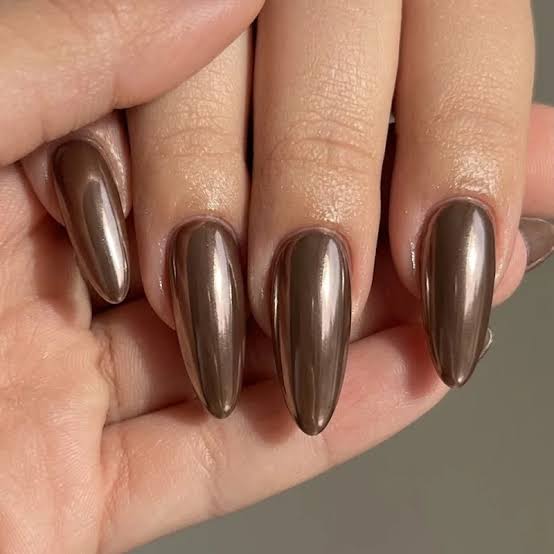 Deep Brown Chrome Medium Almond Finish With Full Nail — Simple Brown Chrome Nails