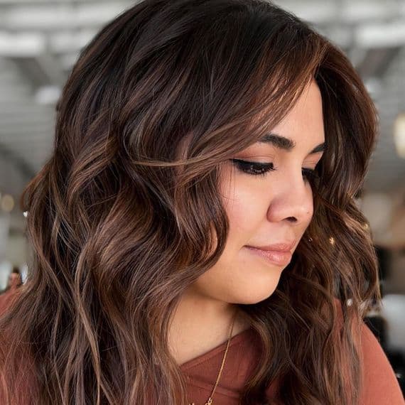 Mid-Back Dark Brown With Lighter Brown Highlights Profile View Mid-Back Dark Brown With Lighter Brown Highlights Profile View — Simple Brown Highlights