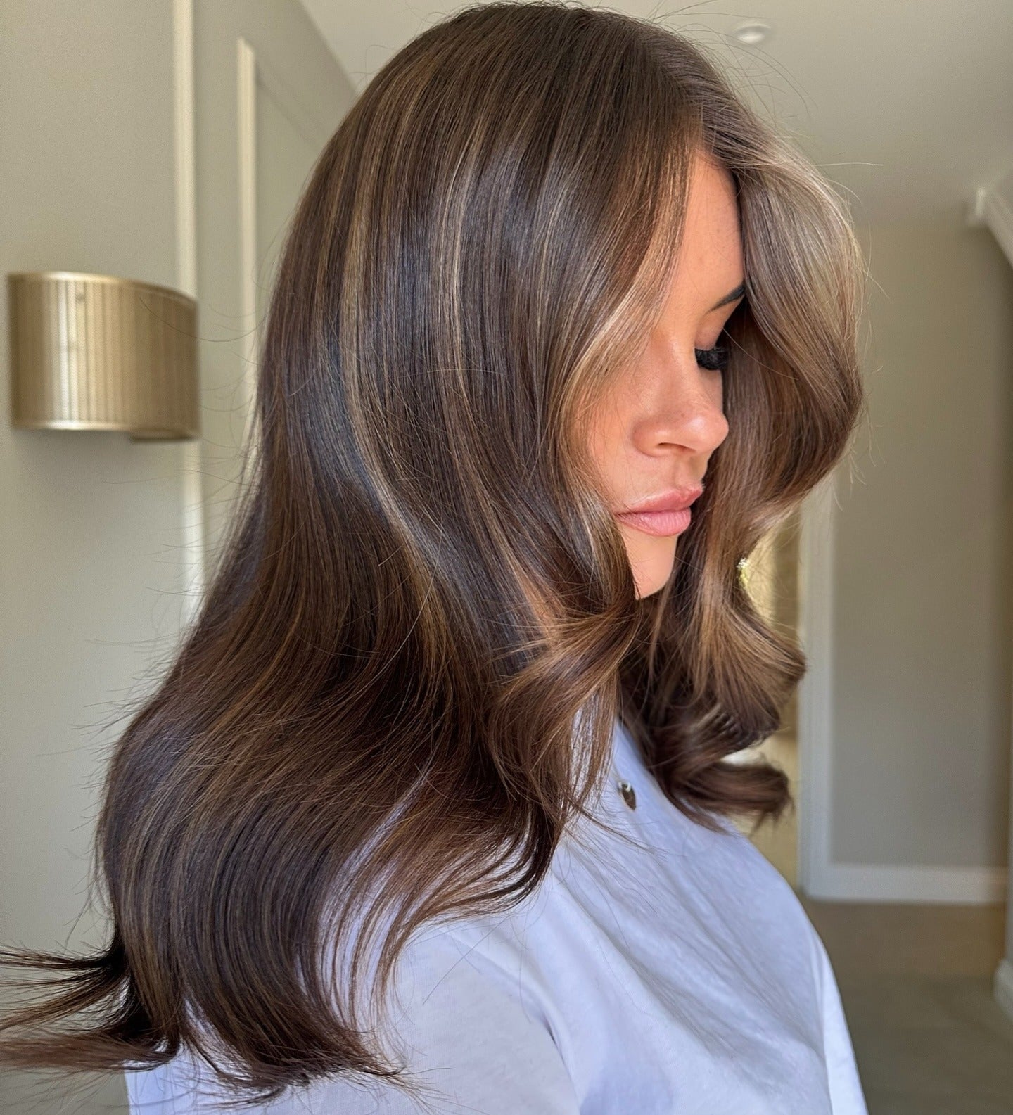 Mid-Back Medium Brown With Dimensional Highlights Side View Mid-Back Medium Brown With Dimensional Highlights Side View — Simple Brown Highlights