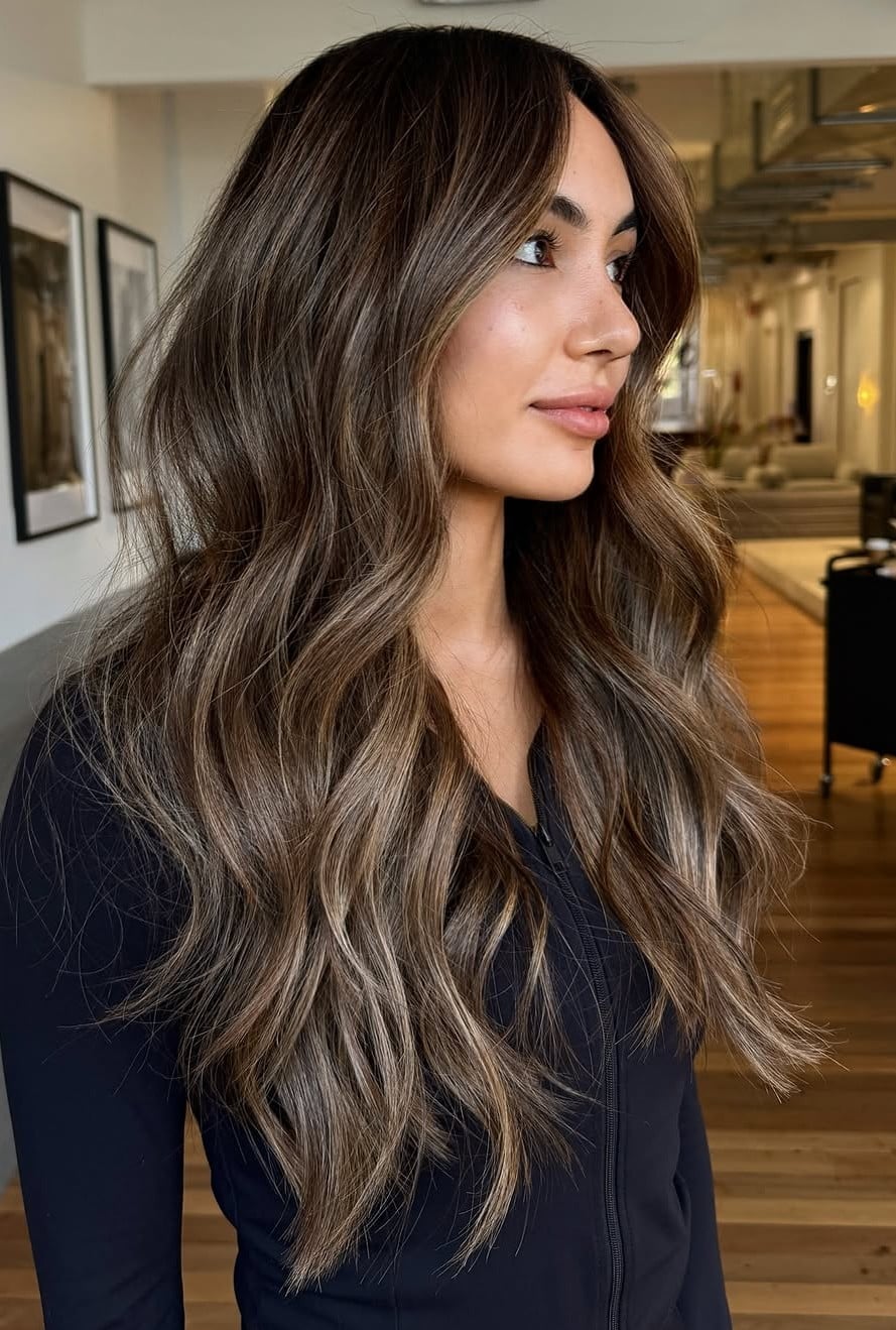 Side View Dark Brown With Caramel Highlights — Simple Brunette Highlights