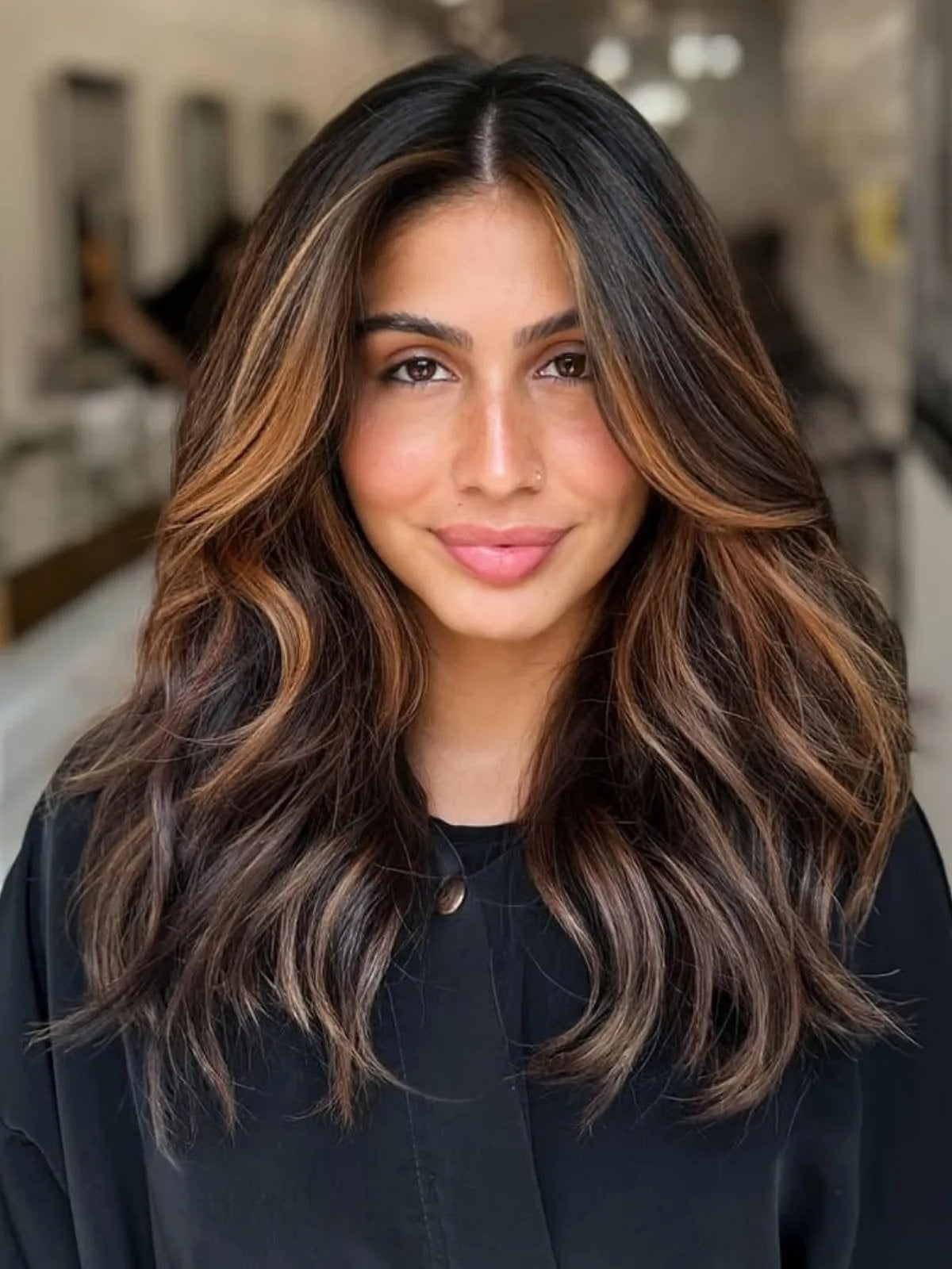 Brunette With Caramel Highlights And Curtain Bangs — Simple Brunette Highlights