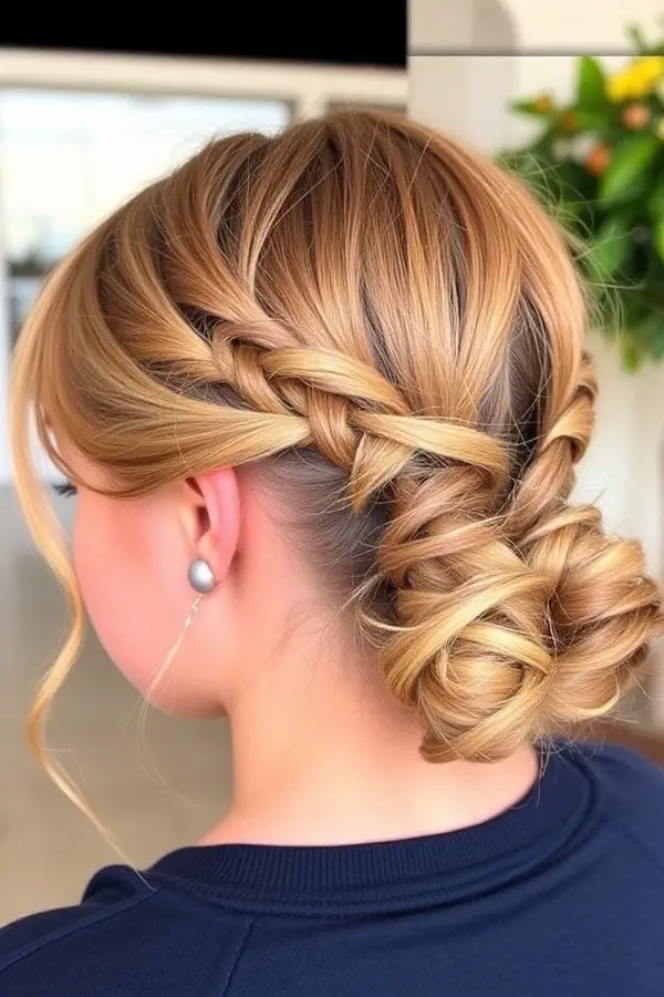 Honey Blonde Braided Low Bun With Wispy Bangs Honey Blonde Braided Low Bun With Wispy Bangs — Simple Bun Braids