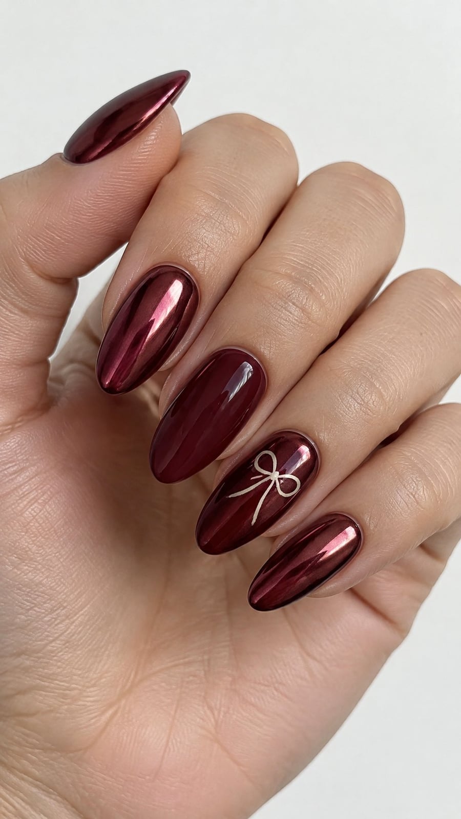 Medium Almond Burgundy Chrome With White Bow — Simple Burgundy Chrome Nails