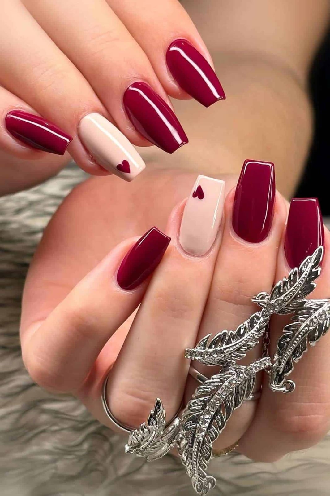 Nude With Burgundy Heart Accent — Simple Burgundy Nails Art