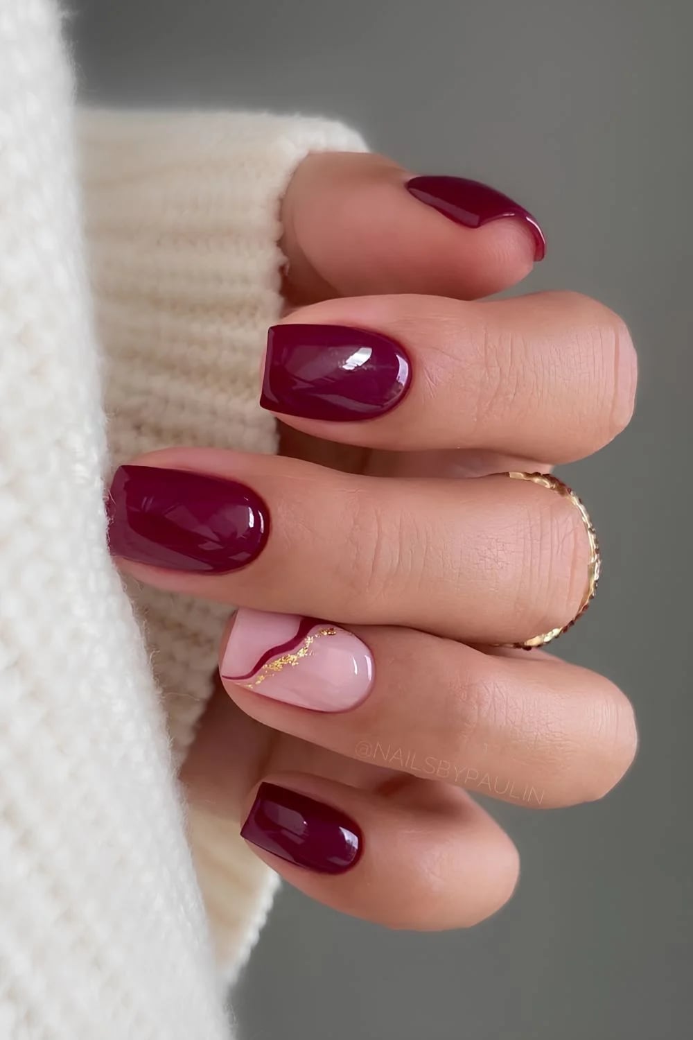 Soft Square Burgundy With Gold Line — Simple Burgundy Nails Art
