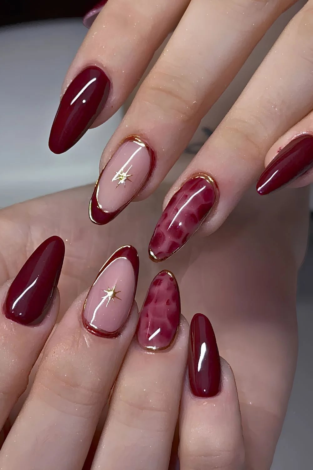 Almond Burgundy French Gold Outline — Simple Burgundy Nails Art