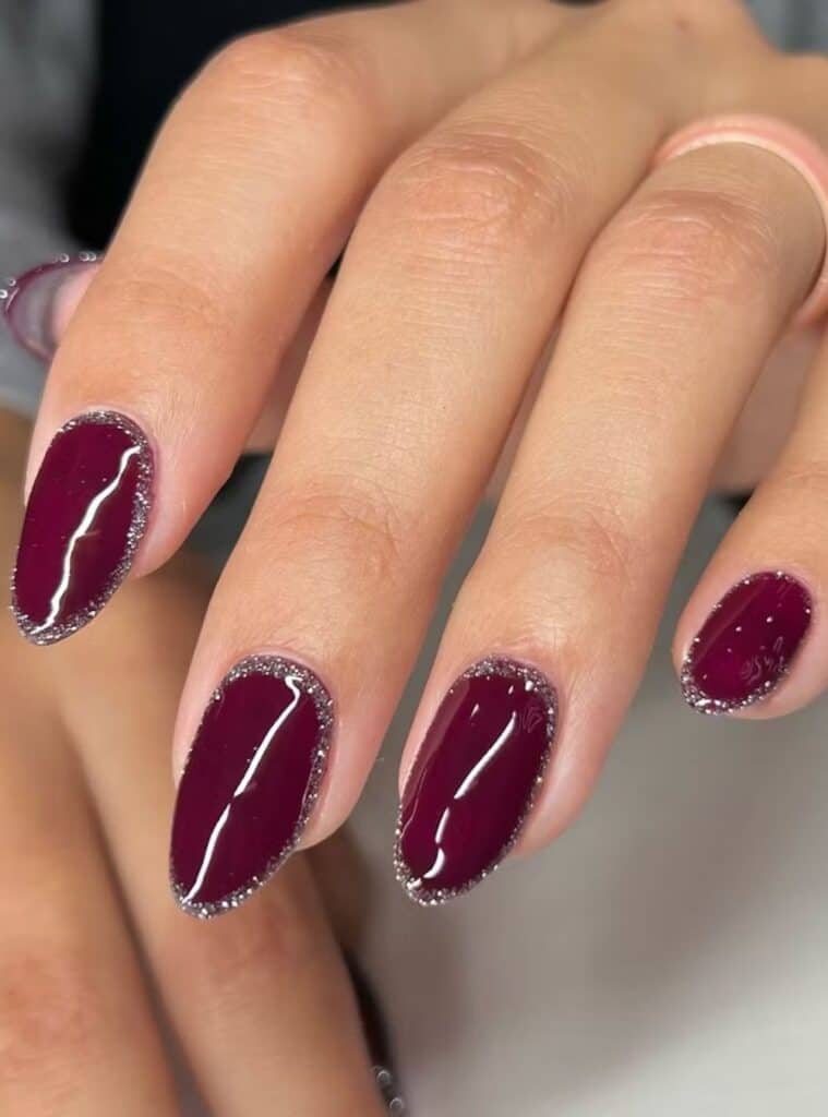 Almond Burgundy With Silver Glitter Edge — Simple Burgundy Nails Art