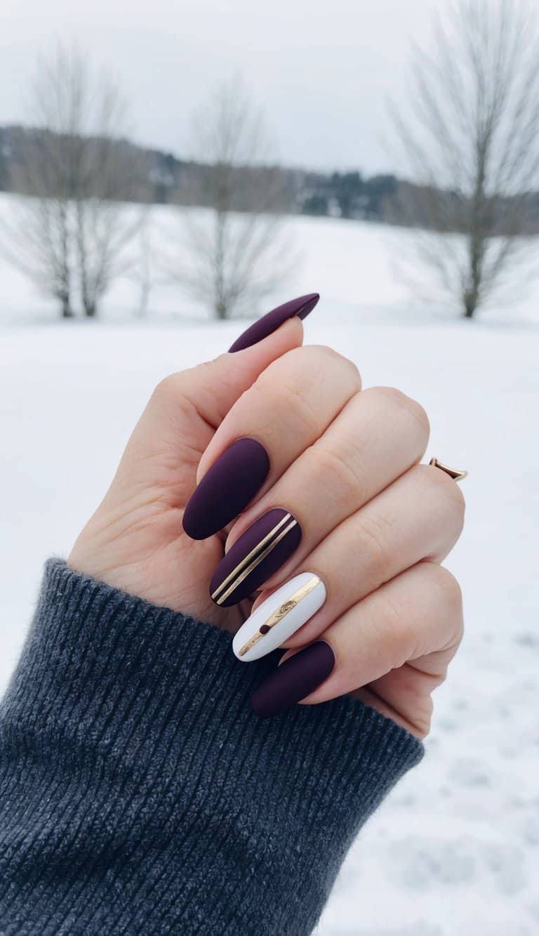 Matte Burgundy Nails With Gold Stripe — Simple Burgundy Nails Art