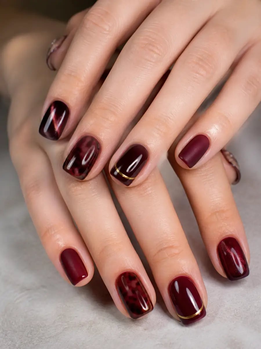 Short Square Matte Cat-Eye Tortoise — Simple Burgundy Nails Art