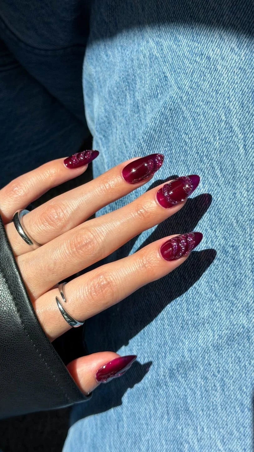 Sharp Almond Burgundy Glitter Swirls — Simple Burgundy Nails Art