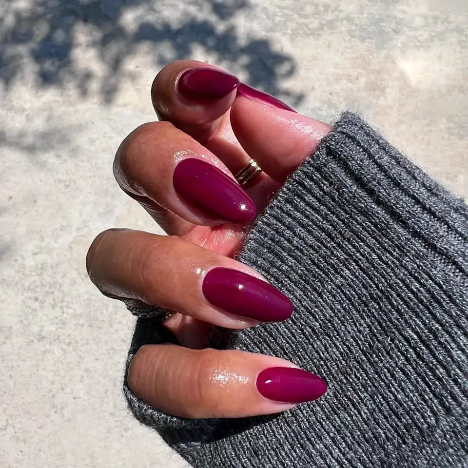 Medium Almond Burgundy Nude Gradient, Partially Covered By A Gray — Simple Burgundy Nails Art