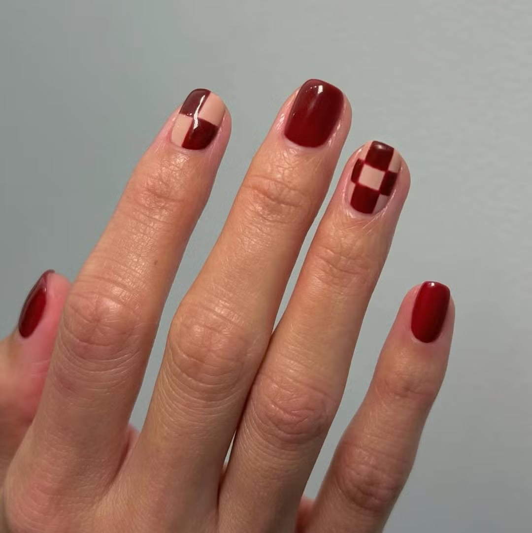 Medium Square Burgundy Checkerboard — Simple Burgundy Nails Art