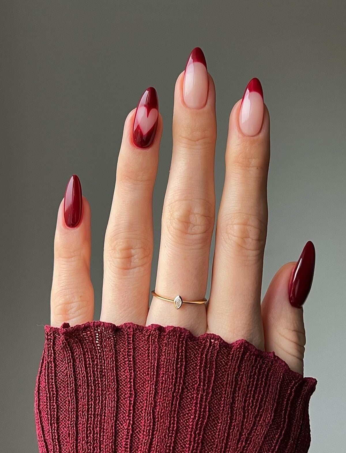 Almond Burgundy French With Heart — Simple Burgundy Nails Art