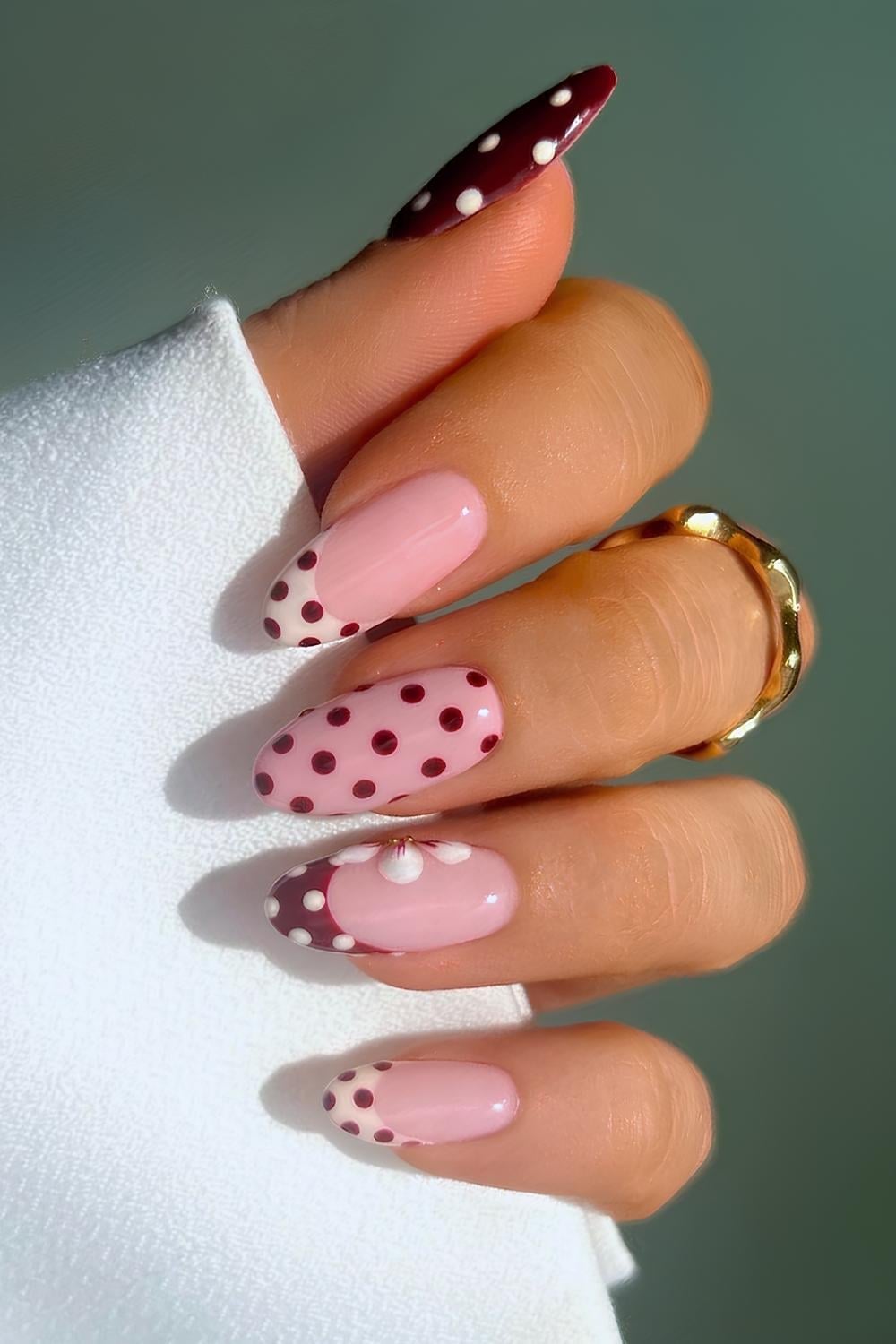 Pink Nude Polka Dot Burgundy Nails — Simple Burgundy Nails Art