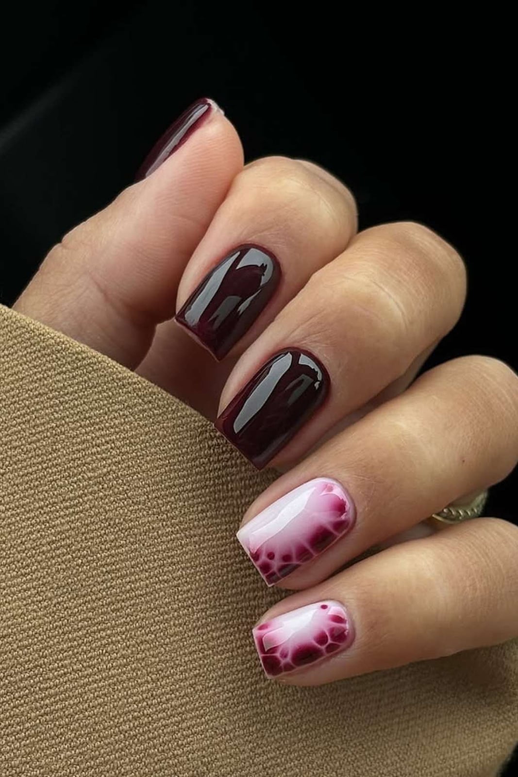 Square Burgundy Heart Accent Nails — Simple Burgundy Nails Art