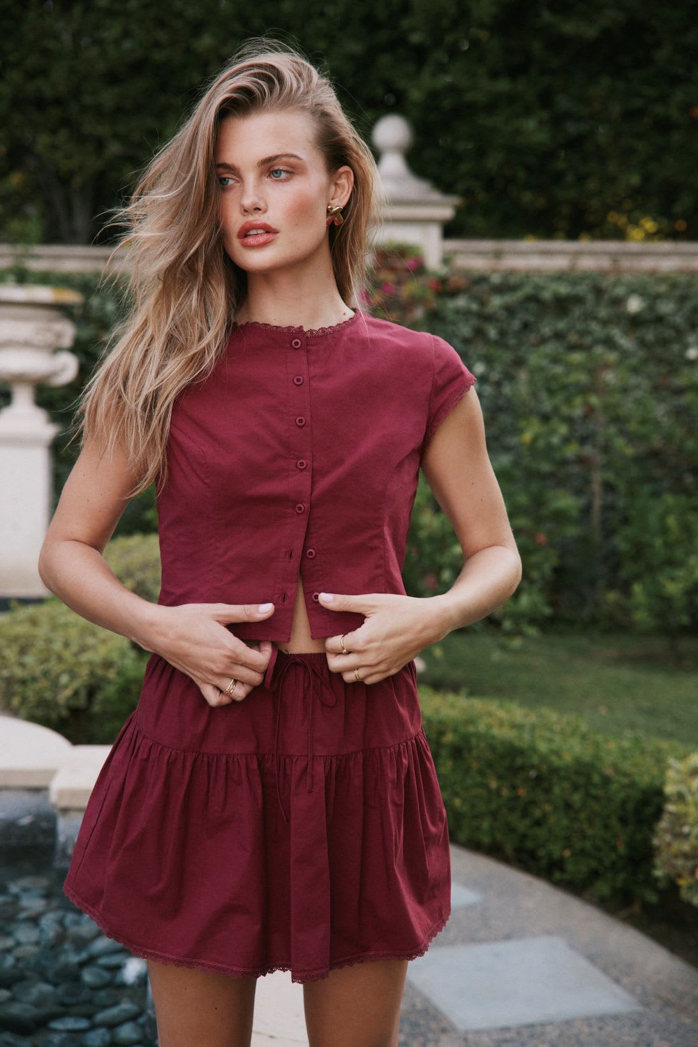 Burgundy Knit Set with Tiered Mini-Skirt Burgundy Knit Set with Tiered Mini-Skirt — Simple Burgundy Outfits for Women