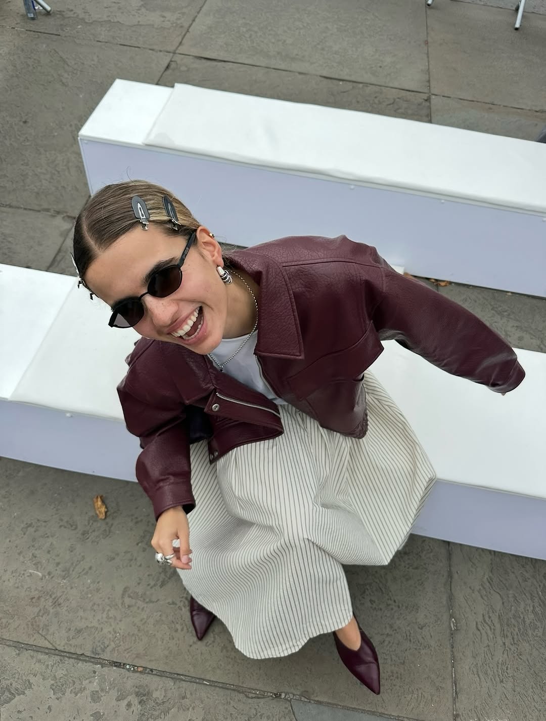 Oversized Burgundy Leather Blazer with Striped Pants Oversized Burgundy Leather Blazer with Striped Pants — Simple Burgundy Outfits for Women