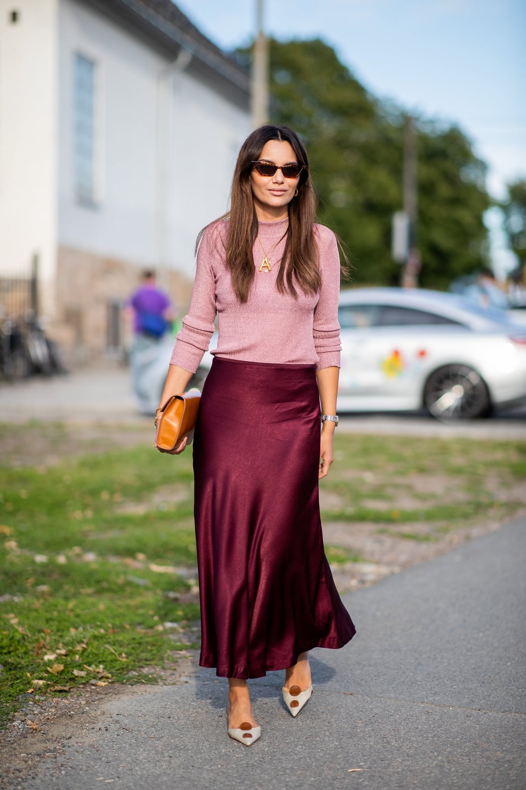 Burgundy Satin Midi Skirt with Pink Knit Top Burgundy Satin Midi Skirt with Pink Knit Top — Simple Burgundy Outfits for Women