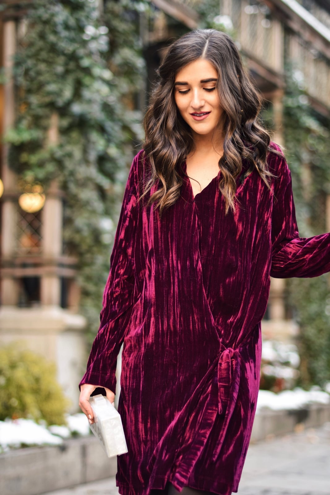 Burgundy Velvet Wrap Dress with White Clutch Burgundy Velvet Wrap Dress with White Clutch — Simple Burgundy Outfits for Women