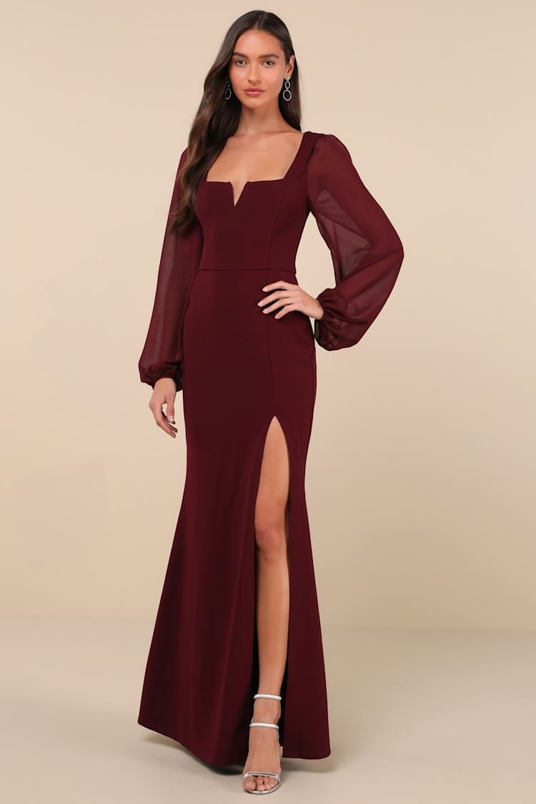 Burgundy Long Sleeve Dress with Balloon Sleeves Burgundy Long Sleeve Dress with Balloon Sleeves — Simple Burgundy Outfits for Women
