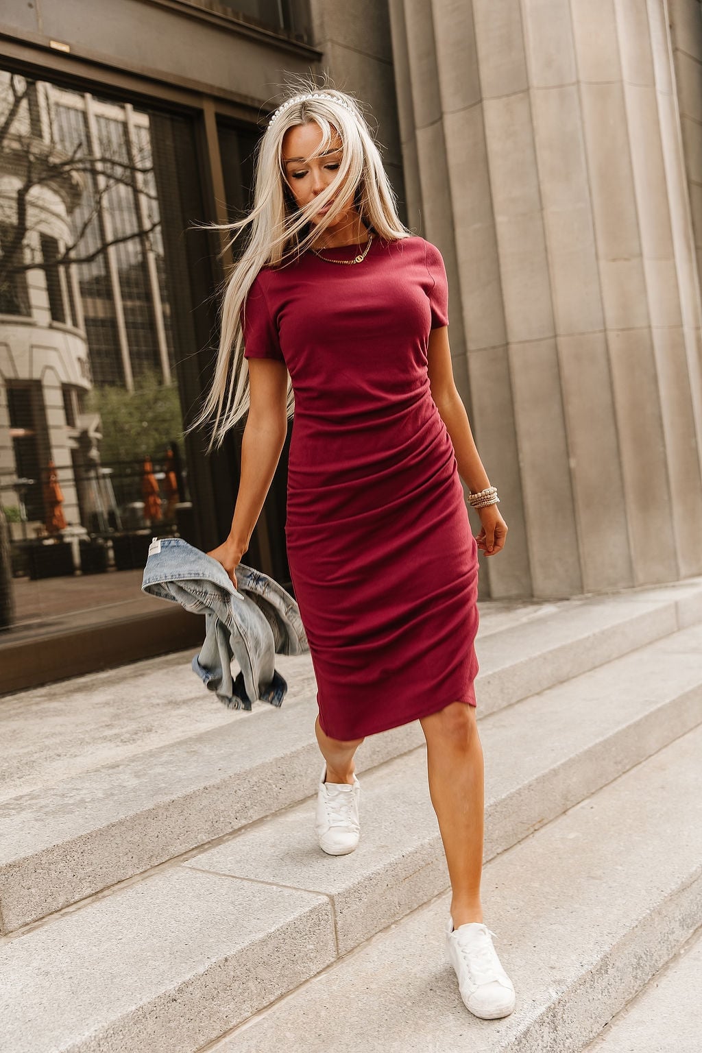 Burgundy Ruched Jersey Dress with Denim Jacket Burgundy Ruched Jersey Dress with Denim Jacket — Simple Burgundy Outfits for Women