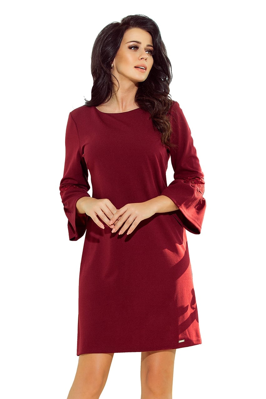 Burgundy A-Line Dress with Lace Sleeve Detail Burgundy A-Line Dress with Lace Sleeve Detail — Simple Burgundy Outfits for Women