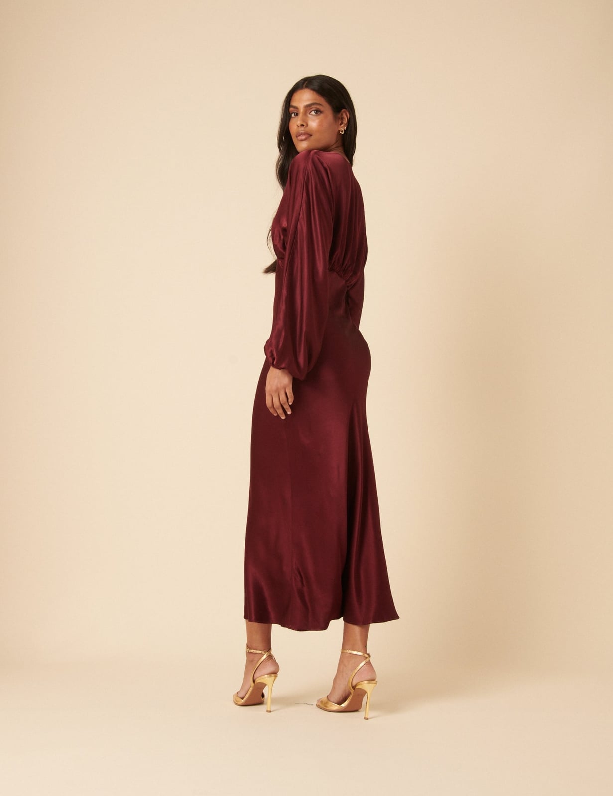 Burgundy Bias-Cut Satin Midi Dress Burgundy Bias-Cut Satin Midi Dress — Simple Burgundy Outfits for Women