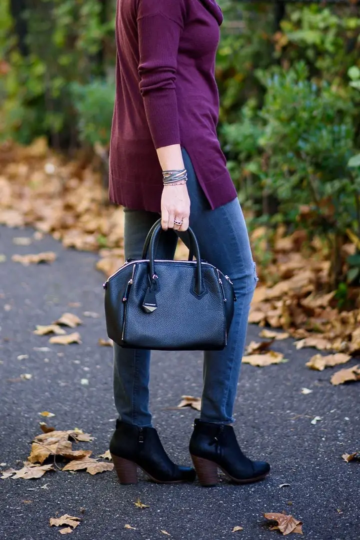 Burgundy Cowl-Neck Tunic Over Gray Jeans Burgundy Cowl-Neck Tunic Over Gray Jeans — Simple Burgundy Outfits for Women