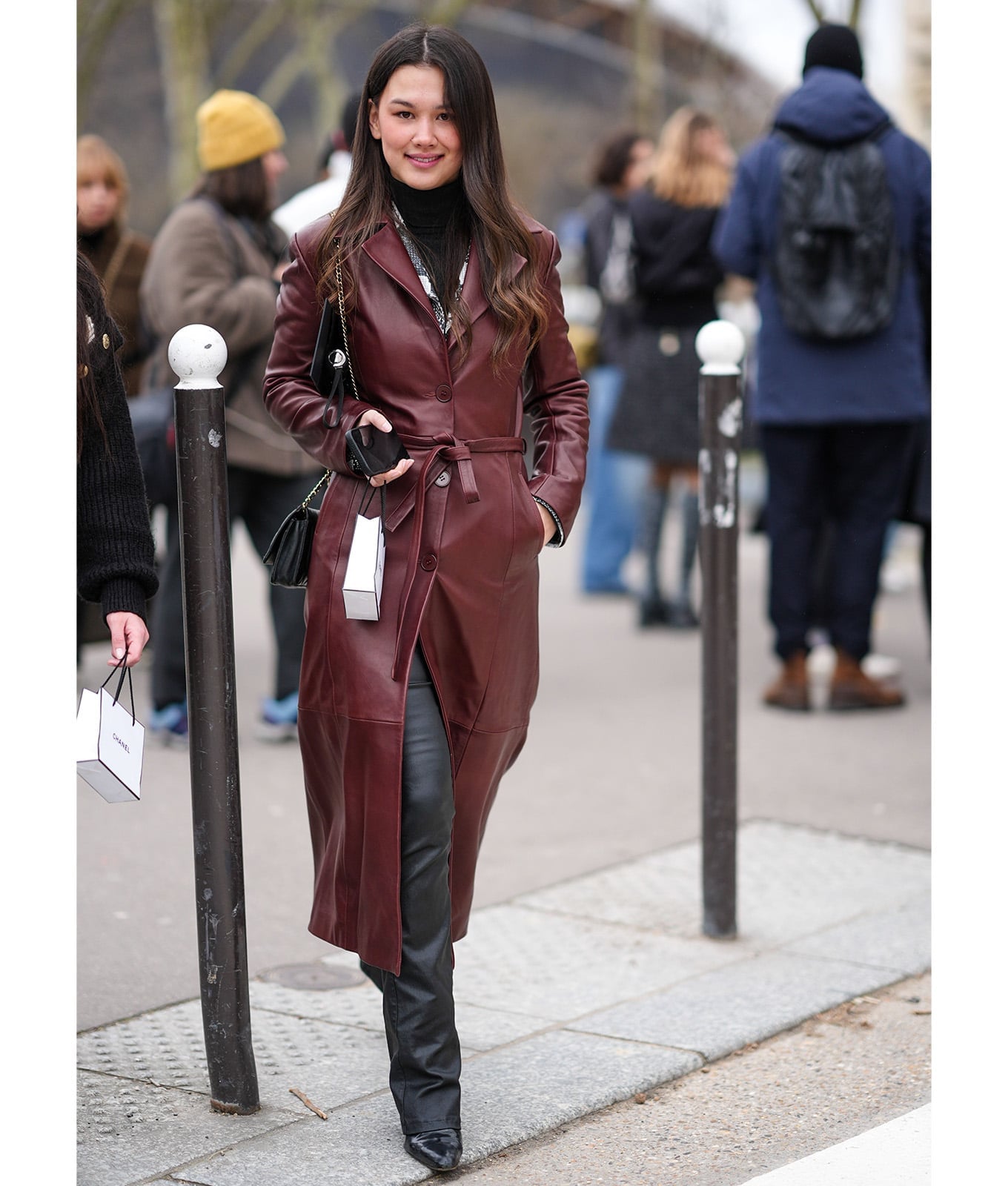 Burgundy Leather Trench Coat Over Black Turtleneck Burgundy Leather Trench Coat Over Black Turtleneck — Simple Burgundy Outfits for Women