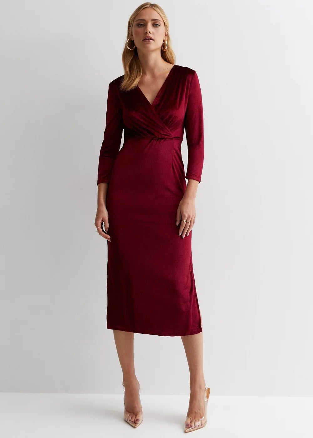 Burgundy Velvet Wrap Midi Dress Burgundy Velvet Wrap Midi Dress — Simple Burgundy Outfits for Women