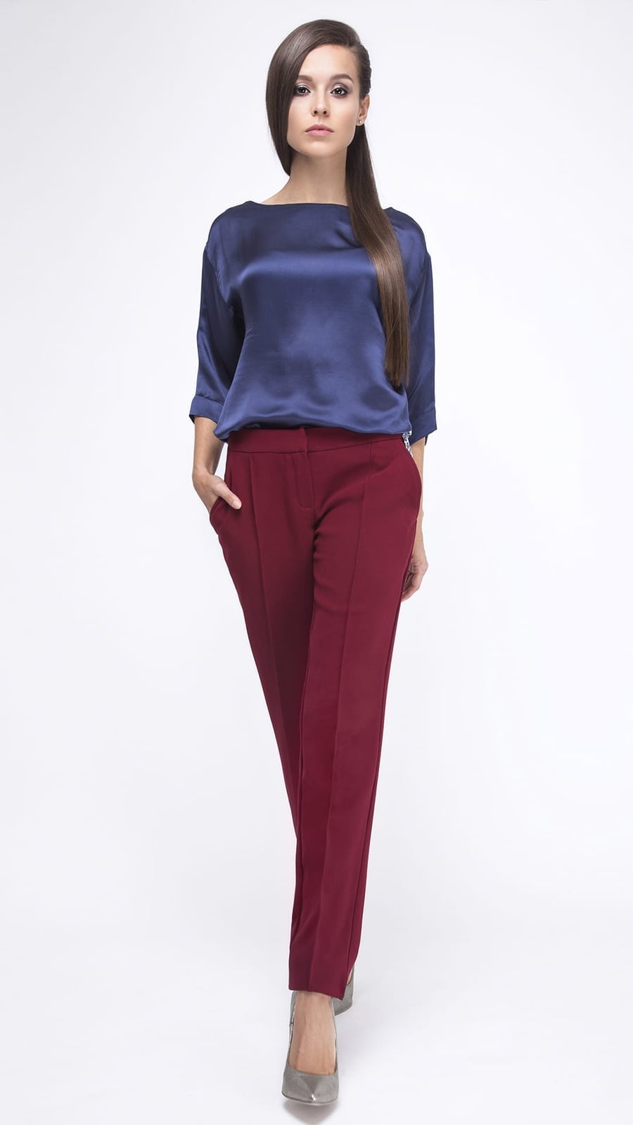 Burgundy Tailored Trousers with a Navy Satin Blouse Burgundy Tailored Trousers with a Navy Satin Blouse — Simple Burgundy Pants Outfits