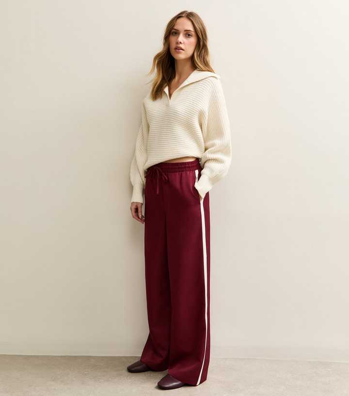 Burgundy Wide-Leg Trousers with Side Stripe and Cream Sweater Burgundy Wide-Leg Trousers with Side Stripe and Cream Sweater — Simple Burgundy Pants Outfits