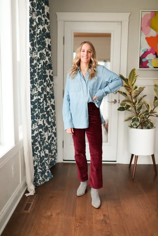 Burgundy Corduroy Trousers with a Light Blue Denim Shirt Burgundy Corduroy Trousers with a Light Blue Denim Shirt — Simple Burgundy Pants Outfits