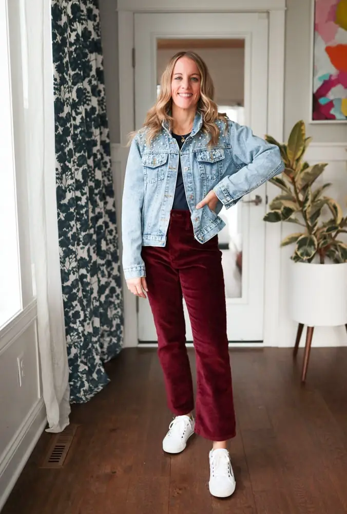 Burgundy Corduroy Trousers with a Light Wash Denim Jacket Burgundy Corduroy Trousers with a Light Wash Denim Jacket — Simple Burgundy Pants Outfits