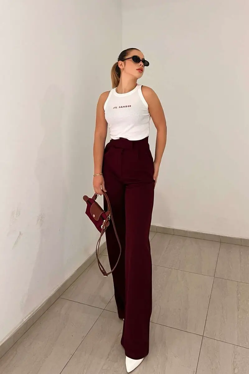 Burgundy Ultra Wide-Leg Pants with a White Tank Top Burgundy Ultra Wide-Leg Pants with a White Tank Top — Simple Burgundy Pants Outfits