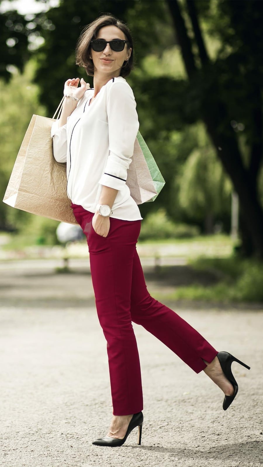 Burgundy Tailored Trousers with a White Long-Sleeve, Close-Up Take Burgundy Tailored Trousers with a White Long-Sleeve, Close-Up Take — Simple Burgundy Pants Outfits