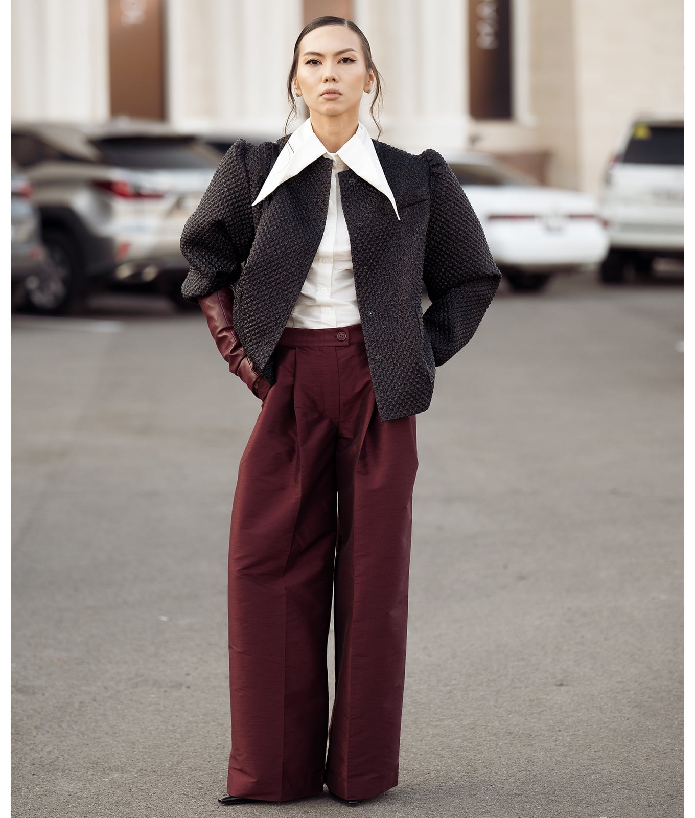 Wide-leg Burgundy Trousers with a White Shirt and Textured Jacket Wide-leg Burgundy Trousers with a White Shirt and Textured Jacket — Simple Burgundy Pants Outfits