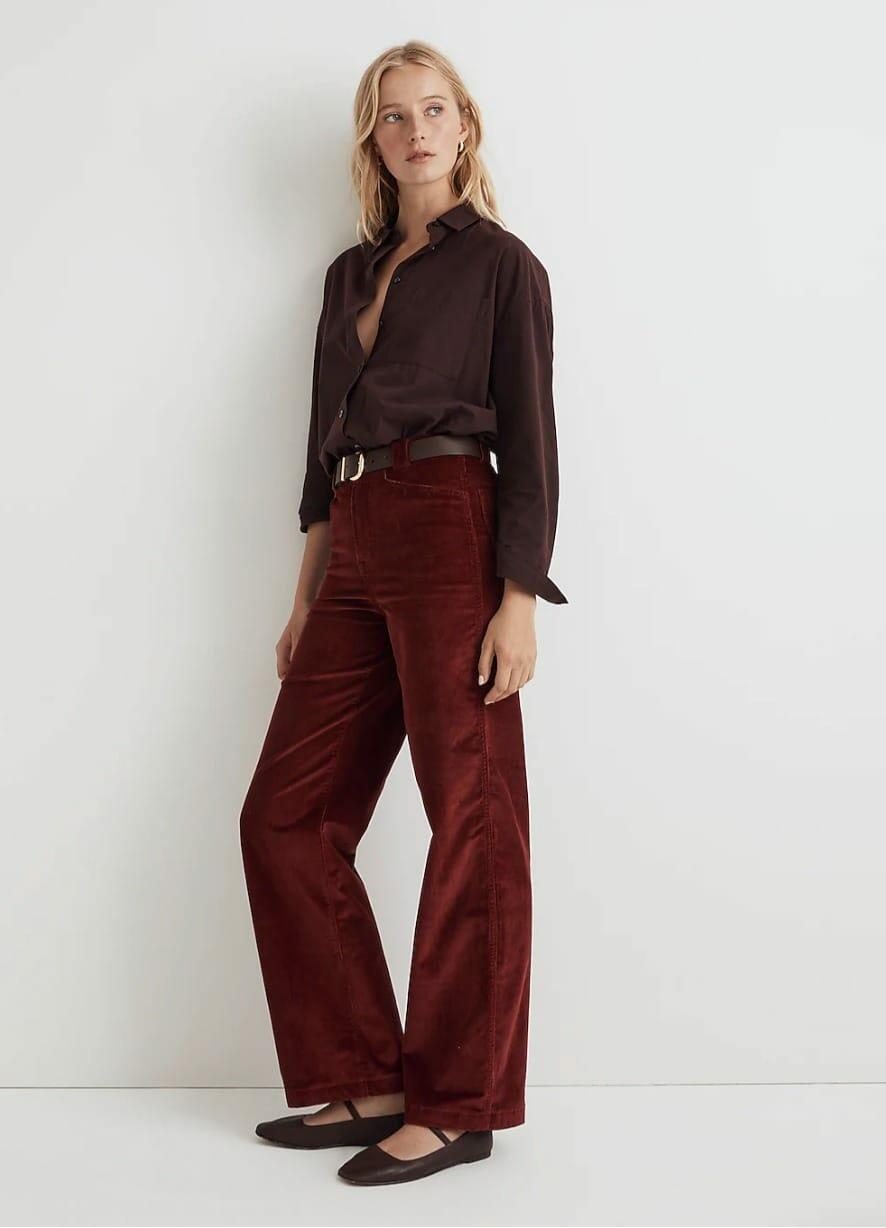 Burgundy Corduroy Wide-Leg Pants with a Brown Collared Shirt Burgundy Corduroy Wide-Leg Pants with a Brown Collared Shirt — Simple Burgundy Pants Outfits